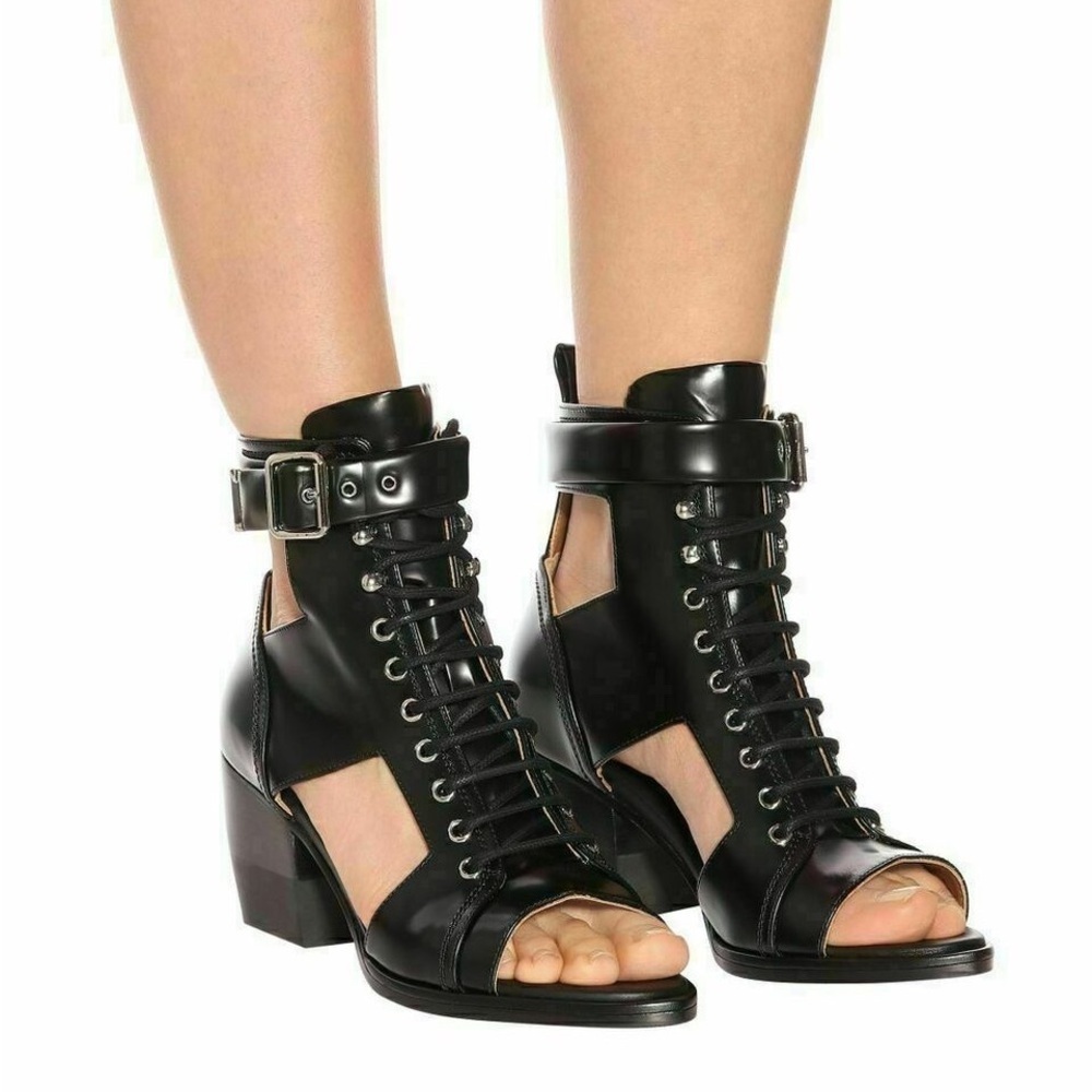 Chloe black leather Rylee open toe lace up sandal boots - size 39.5 / US 8.5